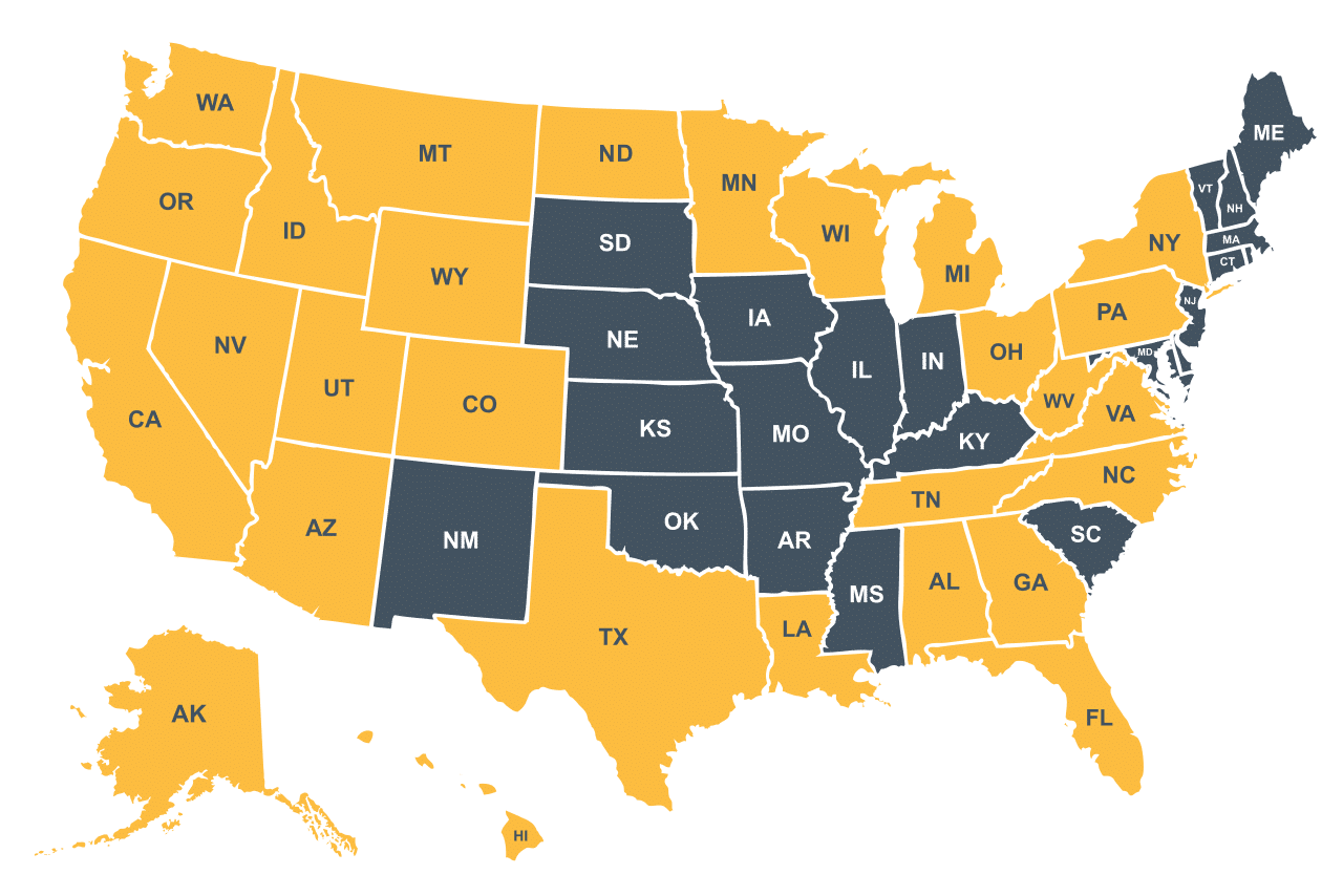 Map of the United States highlighting coverage states in yellow