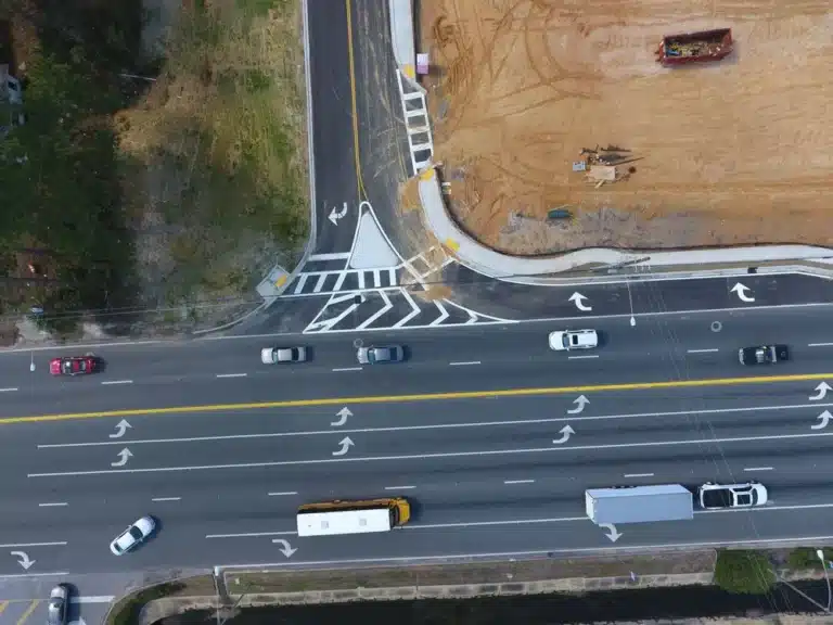 Aerial view of road intersection striping project