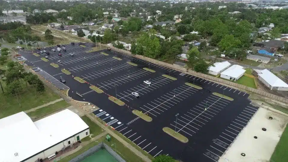 Aerial view of completed parking lot striping